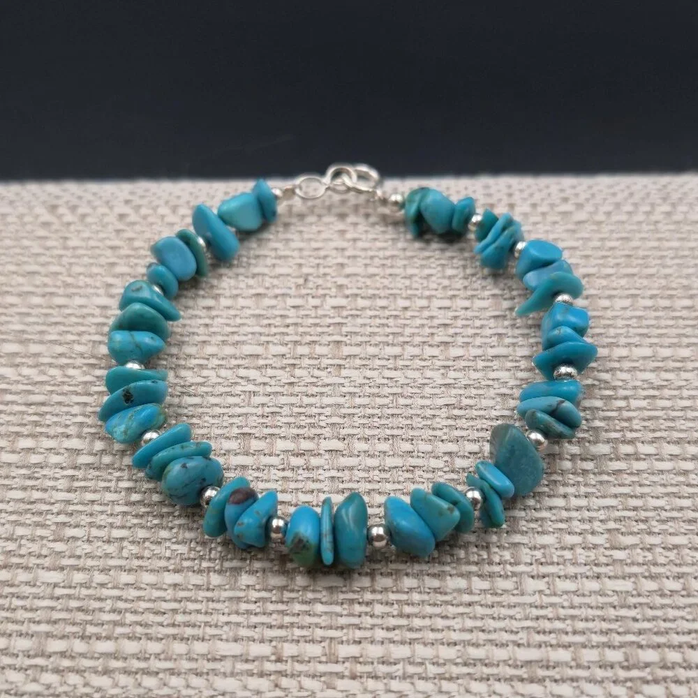 7.5 Inch Sterling Silver Blue Turquoise Stone Bracelet B963 - Picture 1 of 6